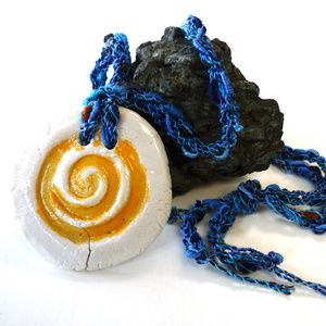 Porcelain pendant necklace fiber art studio blue
